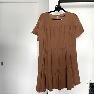 Very J Camel Mocha Brown Corduroy Tiered Flare Short Sleeve Midi Dress